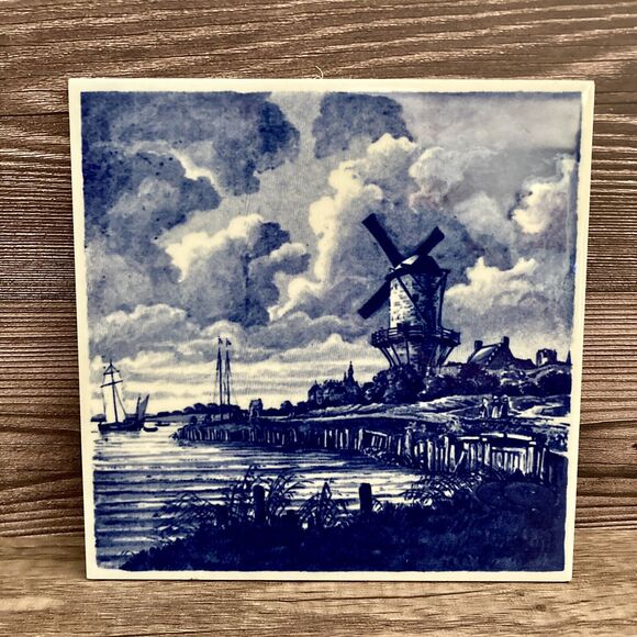 Vintage Delft Blue Windmill Tile Delfts Holland Trivet Jacob van Ruisdael - Picture 1 of 6